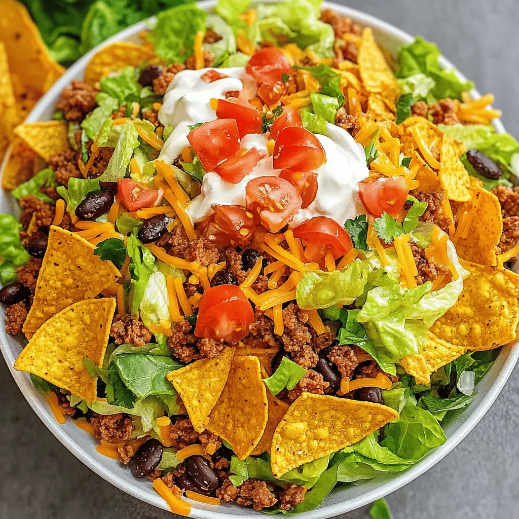 Looking for a fun and flavorful dish? This Doritos Taco Salad combines crunchy Doritos, seasoned meat, fresh veggies, and zesty dressing for a delightful twist on classic taco flavors. Perfect for potlucks, game days, or a quick weeknight dinner. Save this recipe now to impress your family and friends!