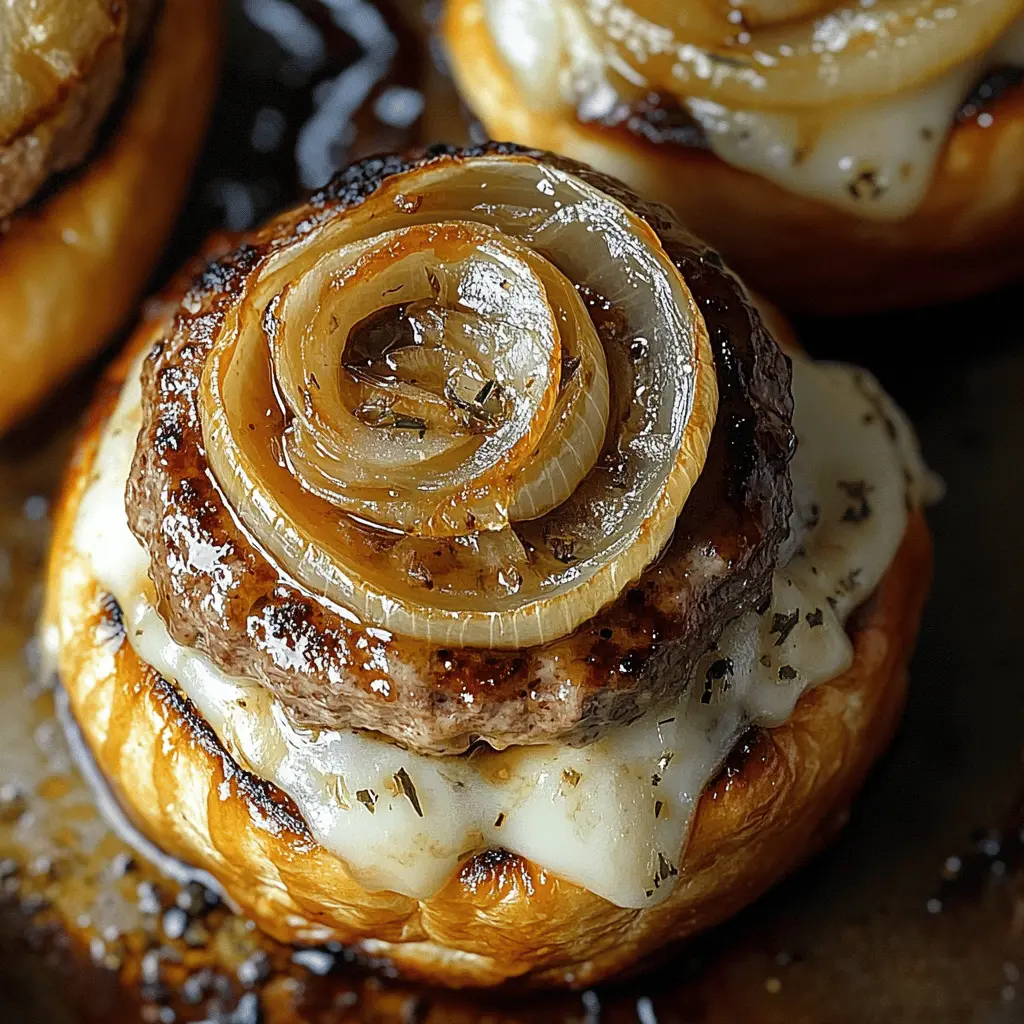 These French Onion Burgers are a delightful twist on the classic burger, featuring juicy beef patties topped with caramelized onions and melted cheese. Perfect for backyard barbecues or casual weeknight dinners, they're sure to impress everyone at the table. Save this recipe for your next cookout and enjoy the rich flavors that make each bite unforgettable!