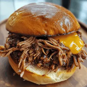 This pulled beef sandwich is a hearty delight that's perfect for lunch or dinner! Tender, slow-cooked beef piled high on a soft bun, topped with tangy barbecue sauce and crunchy slaw. Ideal for game days or casual gatherings, it's a crowd-pleaser everyone will love. Save this recipe for your next gathering and treat your friends to a flavorful meal!