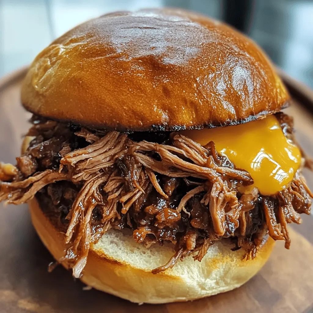 This pulled beef sandwich is a hearty delight that's perfect for lunch or dinner! Tender, slow-cooked beef piled high on a soft bun, topped with tangy barbecue sauce and crunchy slaw. Ideal for game days or casual gatherings, it's a crowd-pleaser everyone will love. Save this recipe for your next gathering and treat your friends to a flavorful meal!
