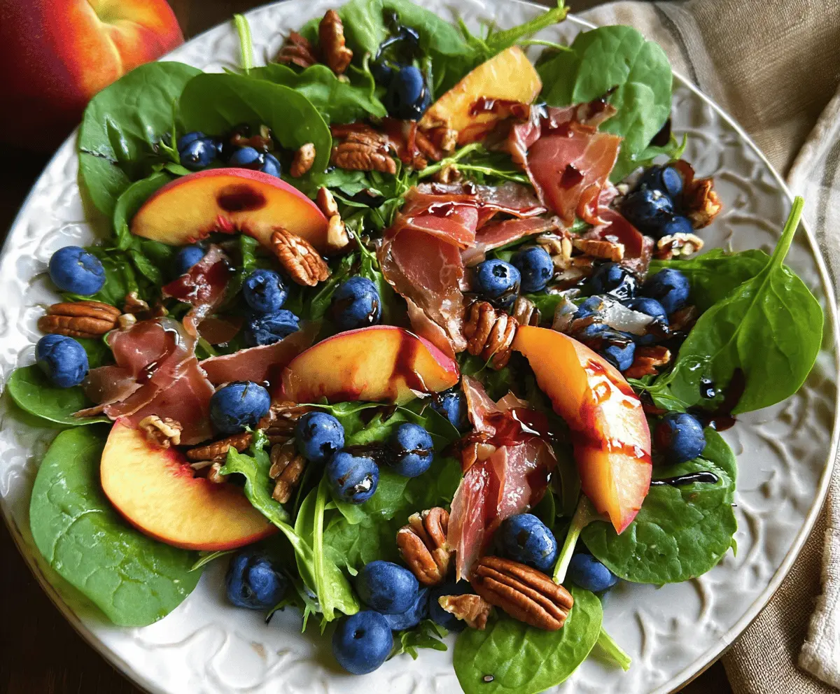 Fresh Peach Blueberry Spinach Salad With Pecans And Prosciutto
