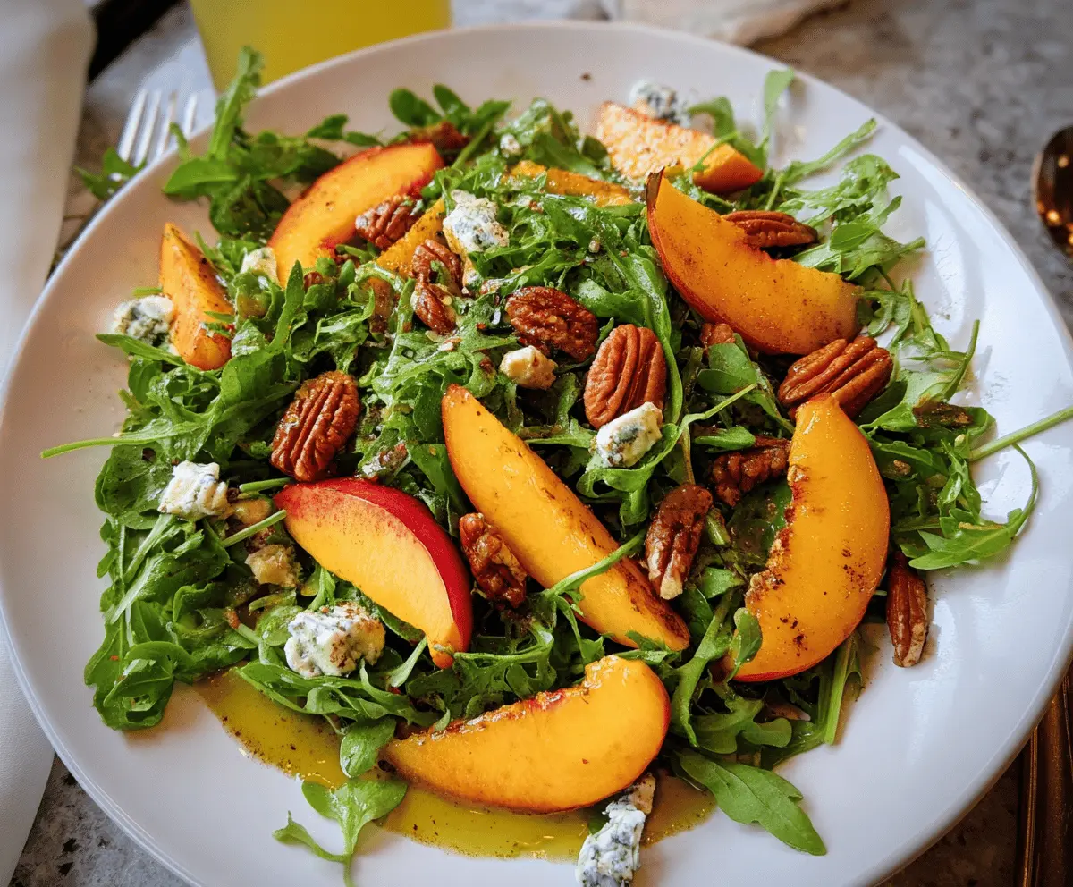 Fresh Arugula Salad With Sweet Peach And Crunchy Pecan
