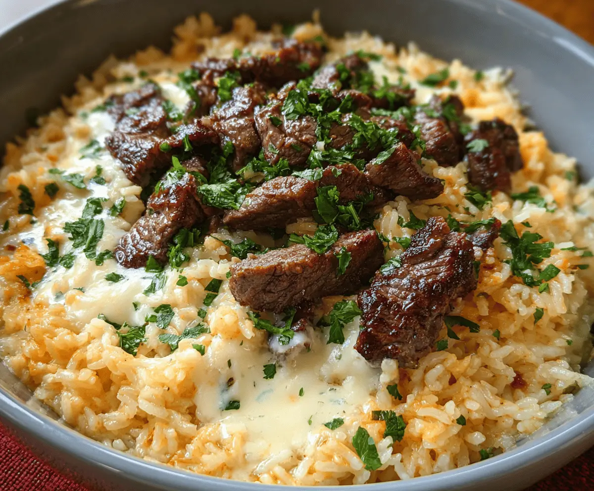 Creamy Queso Rice with Juicy Steak Strips Recipe