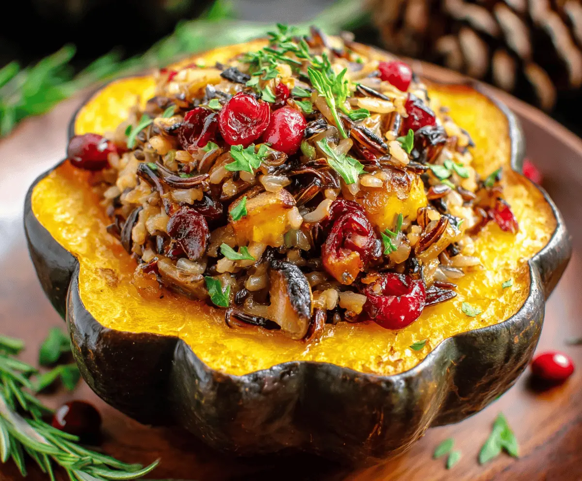 Baked acorn squash stuffed with wild rice, cranberries, and herbs, served as a festive fall side dish