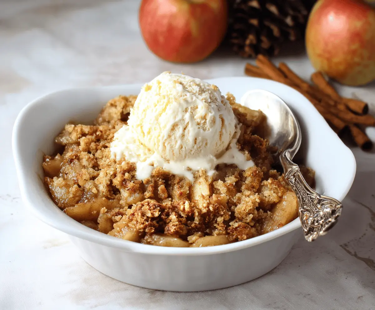 Delicious homemade almond flour apple crisp topped with crunchy almonds and golden brown crust, served in a white dish ready to enjoy.