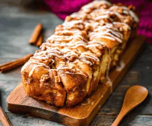 Delicious homemade Apple Cinnamon Pull Apart Bread topped with caramel glaze and apple slices, perfect for breakfast or dessert.