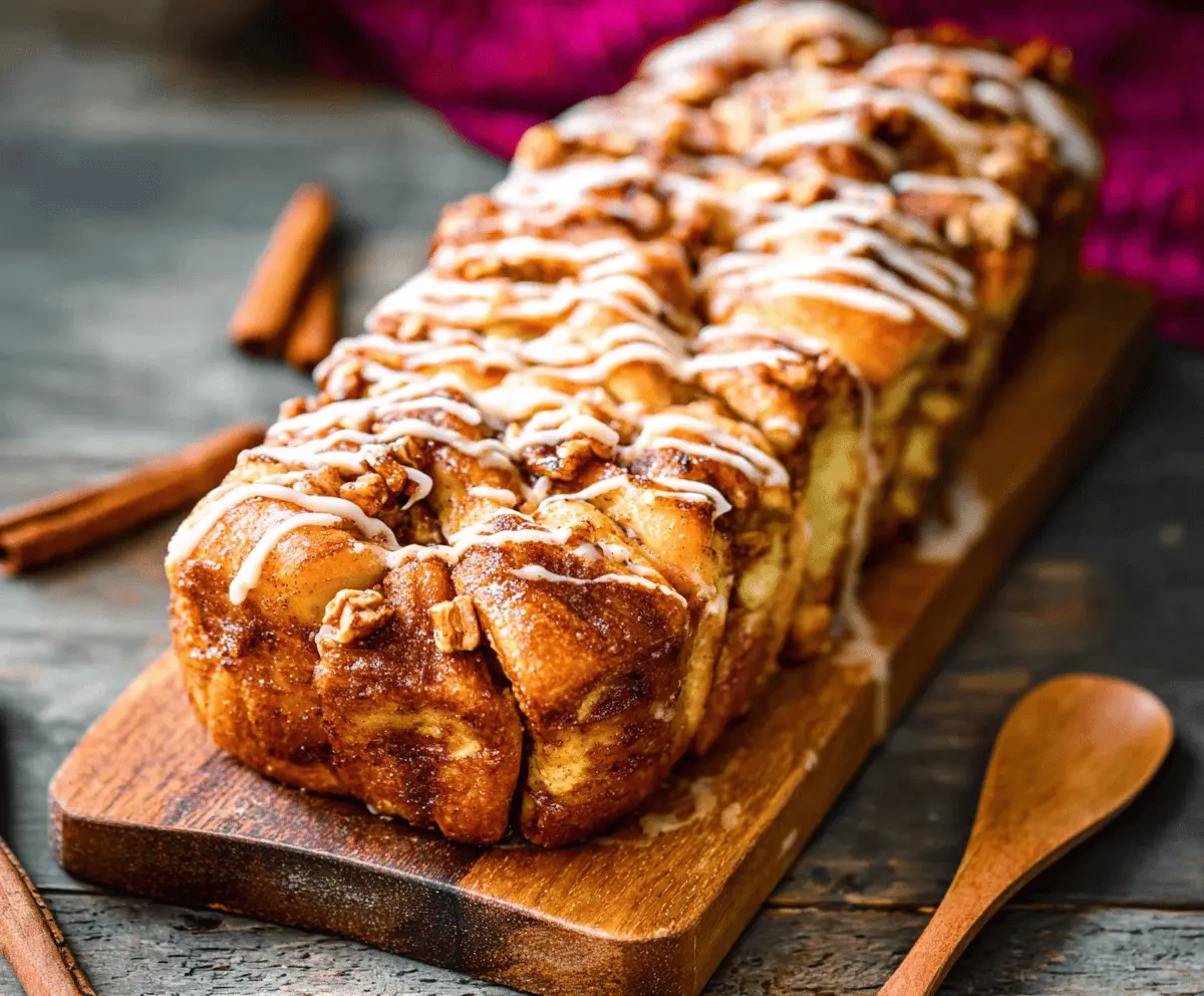 Delicious homemade Apple Cinnamon Pull Apart Bread topped with caramel glaze and apple slices, perfect for breakfast or dessert.