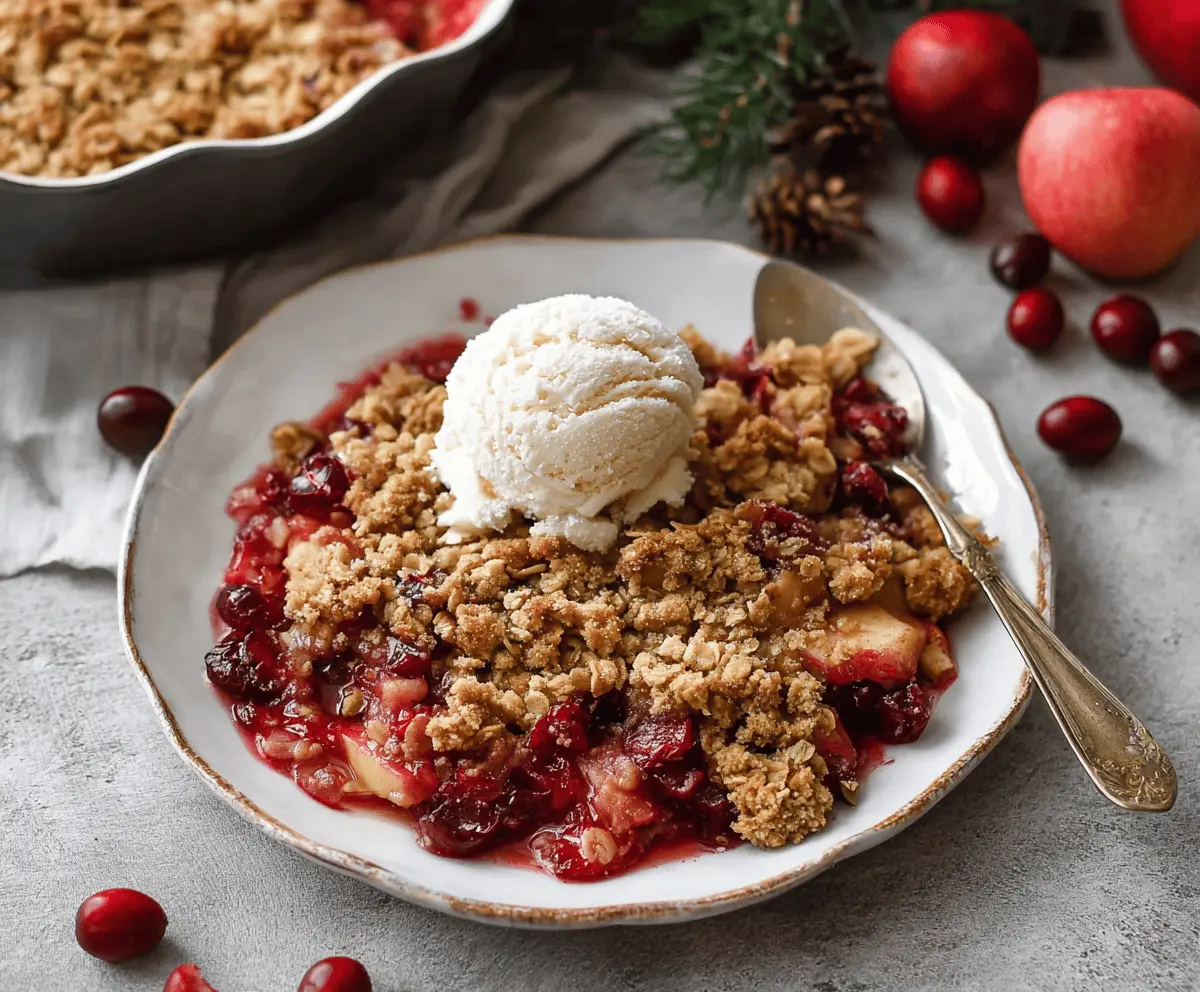 Delicious homemade Apple Cranberry Crisp topped with golden brown oats and crunchy crumble, served with a scoop of vanilla ice cream on a rustic plate.