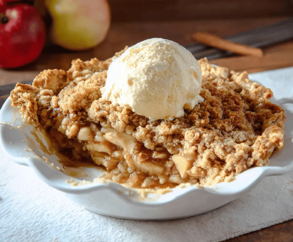 Delicious homemade apple crisp pie topped with golden crumble, served warm with a scoop of vanilla ice cream