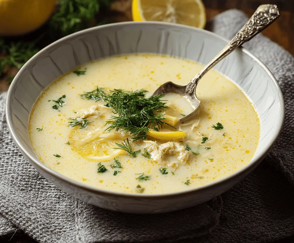 Creamy Greek Avgolemono Soup with lemon, chicken, and rice served in a bowl, garnished with fresh herbs.