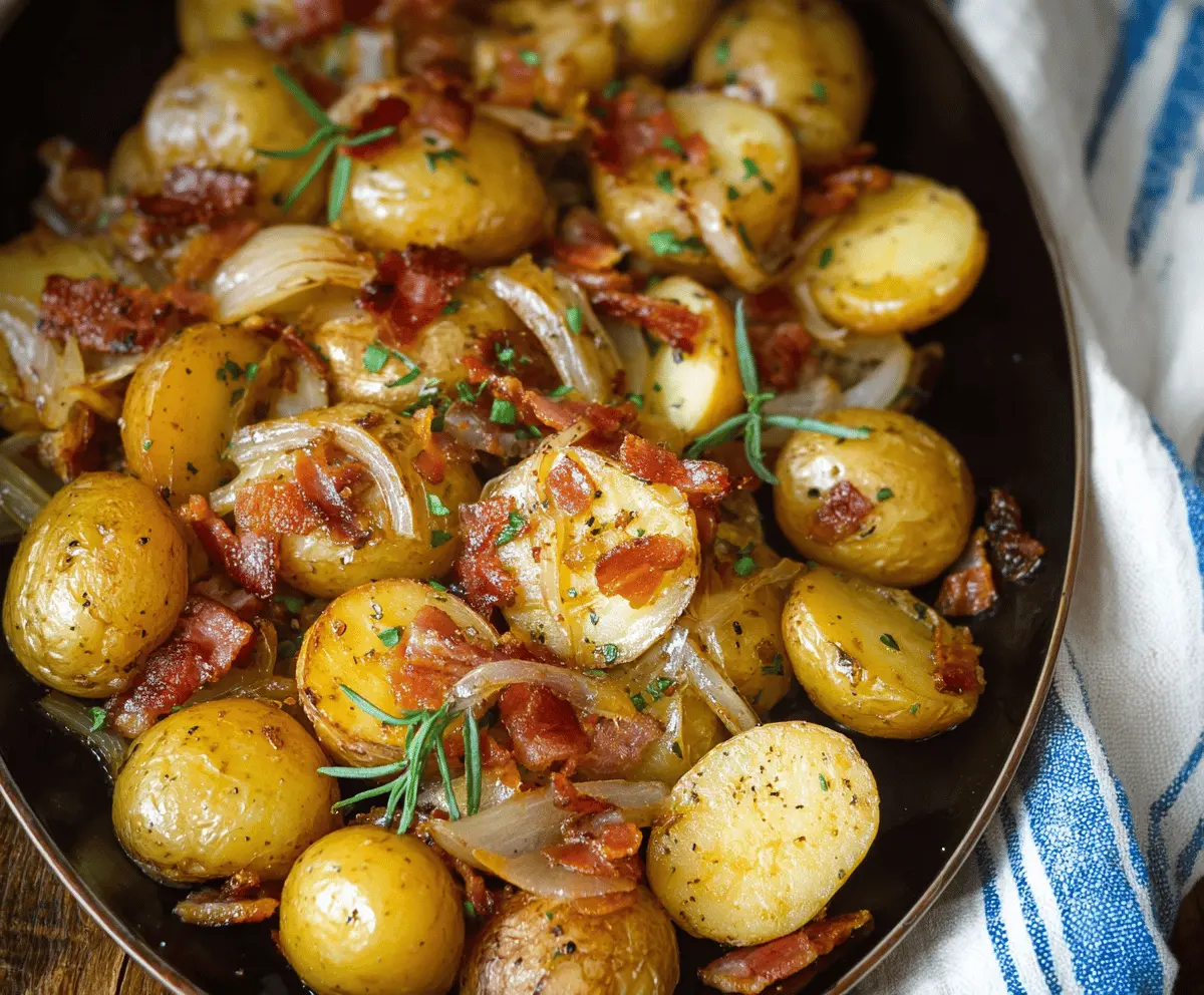 Creamy baby potatoes cooked with caramelized onions and crispy bacon slices, served as a delicious side dish