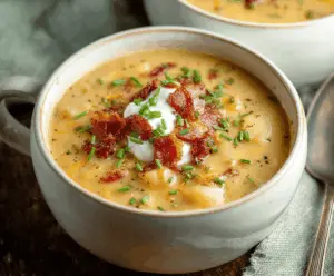 Creamy bacon potato soup served in a bowl with crispy bacon bits and fresh herbs, perfect for a hearty and comforting meal.