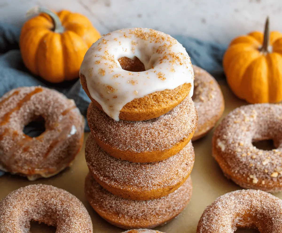 Delicious baked pumpkin spice donuts topped with cinnamon and powdered sugar on a rustic plate, perfect for fall treats.