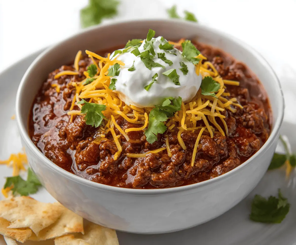 Spicy beer chili served in a bowl with topped cheese and fresh herbs, perfect for a hearty meal