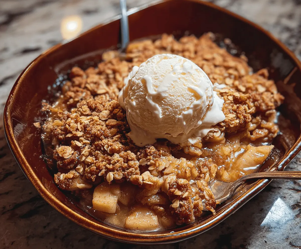 Delicious homemade bourbon apple crisp topped with golden brown crust and vanilla ice cream, ready to serve