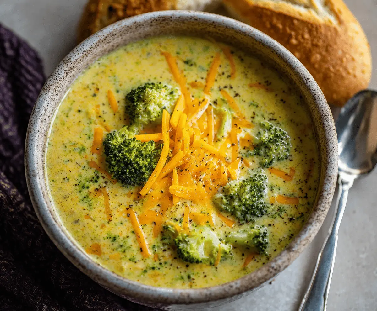 Creamy broccoli cheddar soup garnished with fresh broccoli florets and shredded cheddar cheese in a rustic bowl