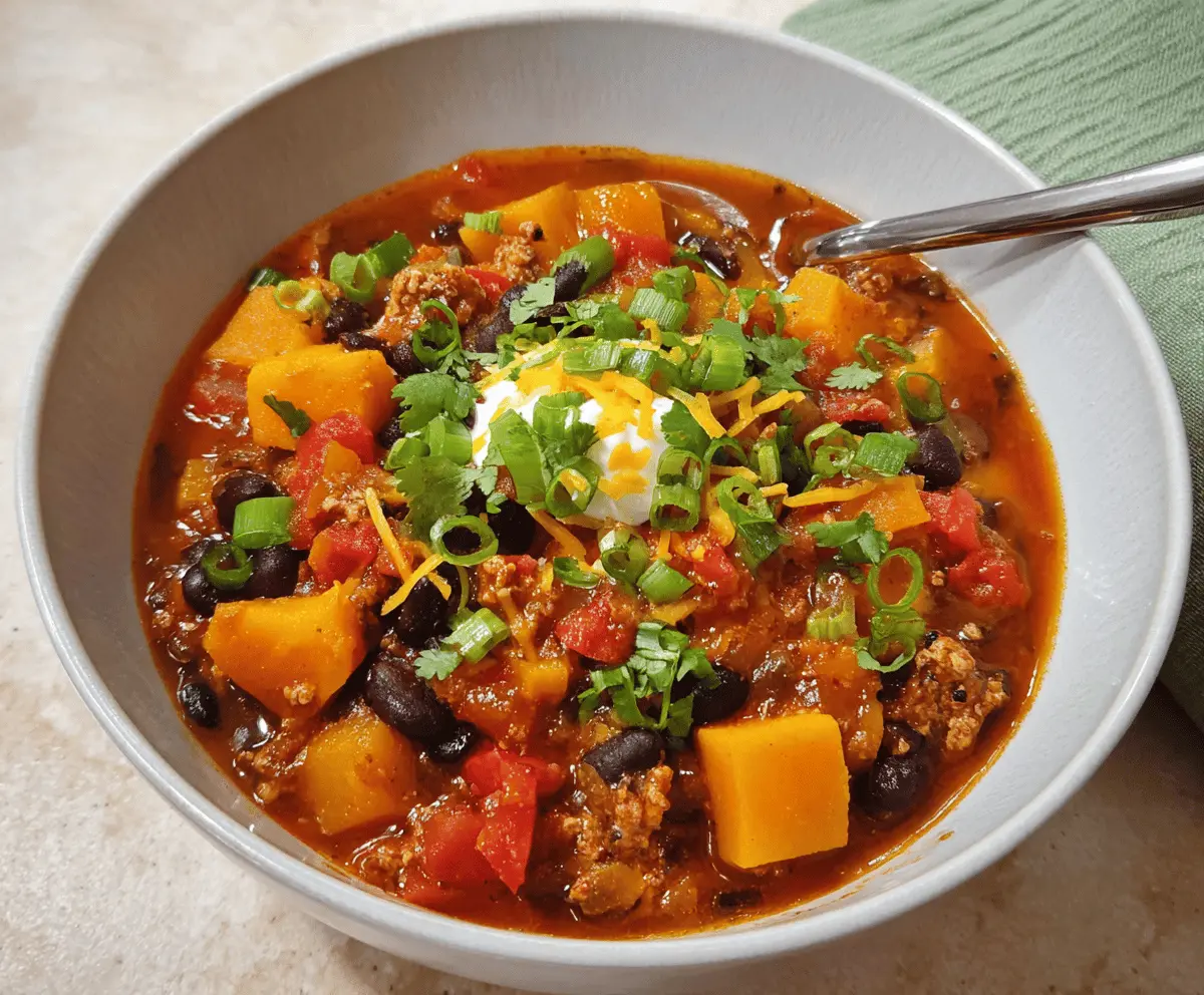 A bowl of hearty butternut squash chili garnished with fresh herbs, served with crusty bread on a rustic wooden table.