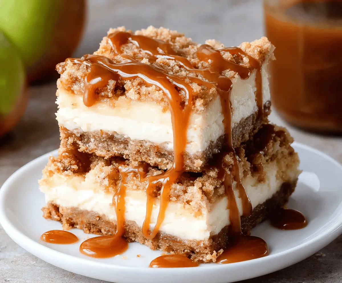 Delicious caramel apple cheesecake bars topped with caramel drizzle and chopped nuts, ready to enjoy as a sweet fall dessert