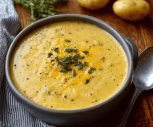 Creamy Cheddar Garlic Herb Potato Soup in a bowl with melted cheese, fresh herbs, and crispy bread slices on the side.