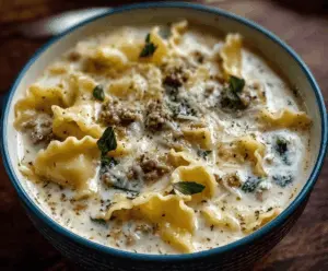 Creamy Cheesy Alfredo Lasagna Soup with melted cheese, pasta, and fresh herbs in a bowl