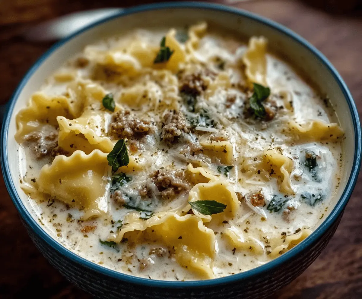 Creamy Cheesy Alfredo Lasagna Soup with melted cheese, pasta, and fresh herbs in a bowl