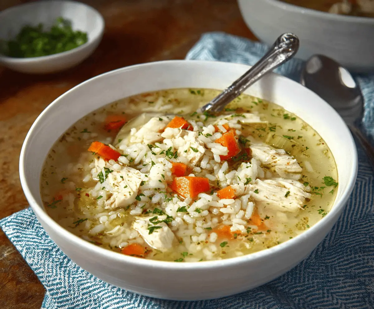 Hearty chicken and rice soup in a bowl with vegetables and herbs, perfect for a comforting meal.