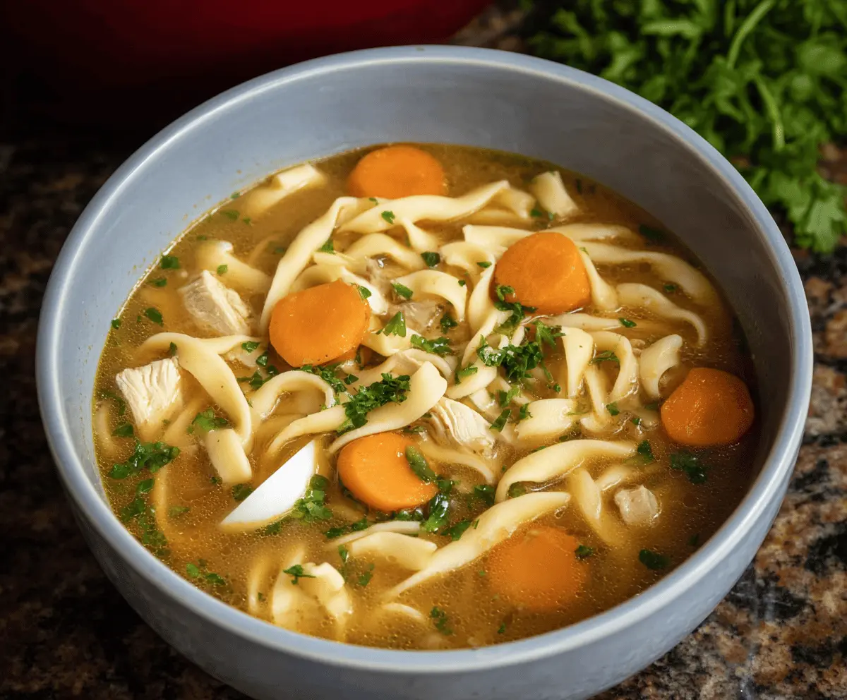 A steaming bowl of chicken noodle soup with tender egg noodles, vegetables, and shredded chicken, served hot in a white ceramic bowl