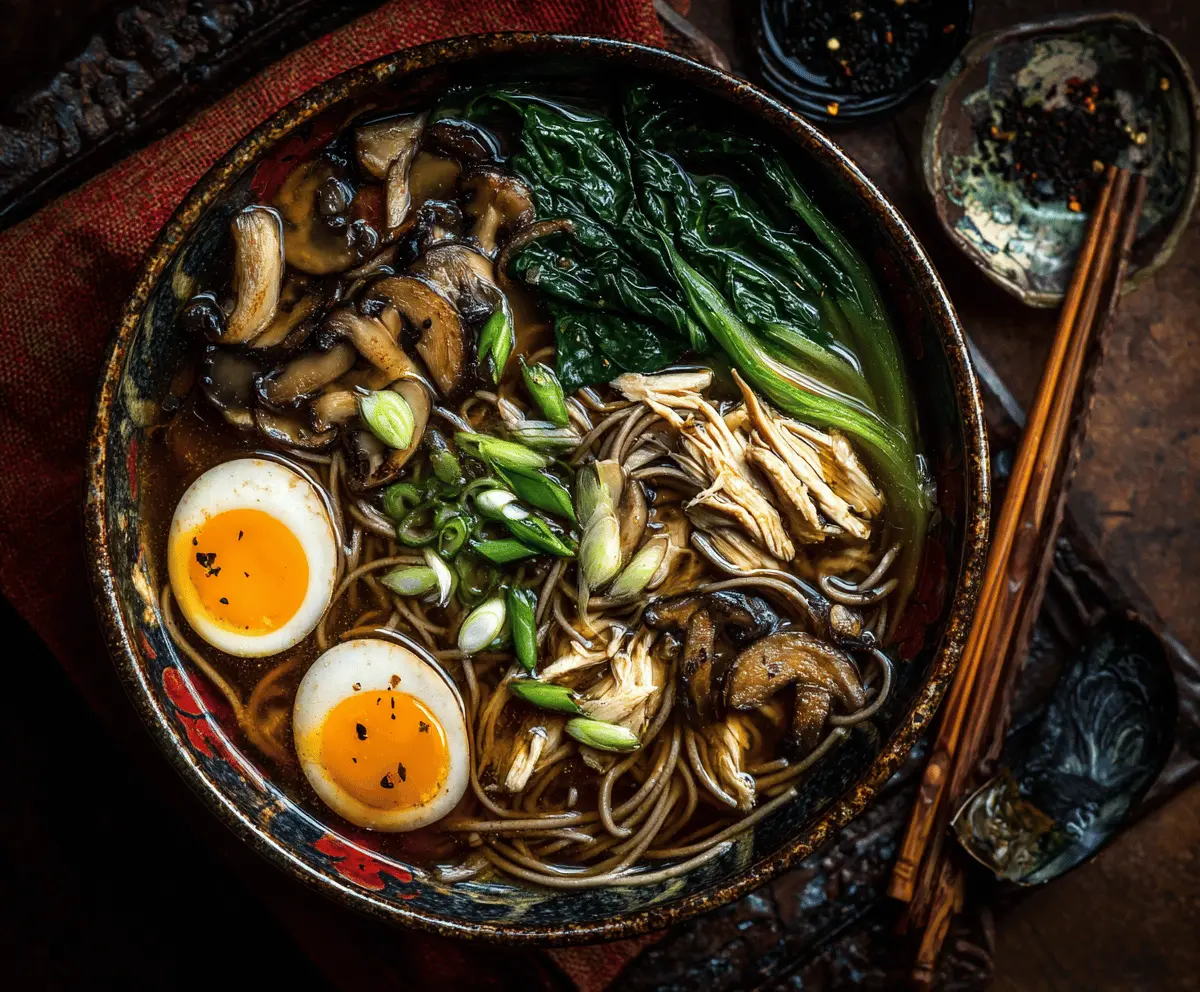 A steaming bowl of Chicken Soba Noodle Soup topped with fresh herbs and sliced chicken, served in a white ceramic bowl with chopsticks on a wooden table.