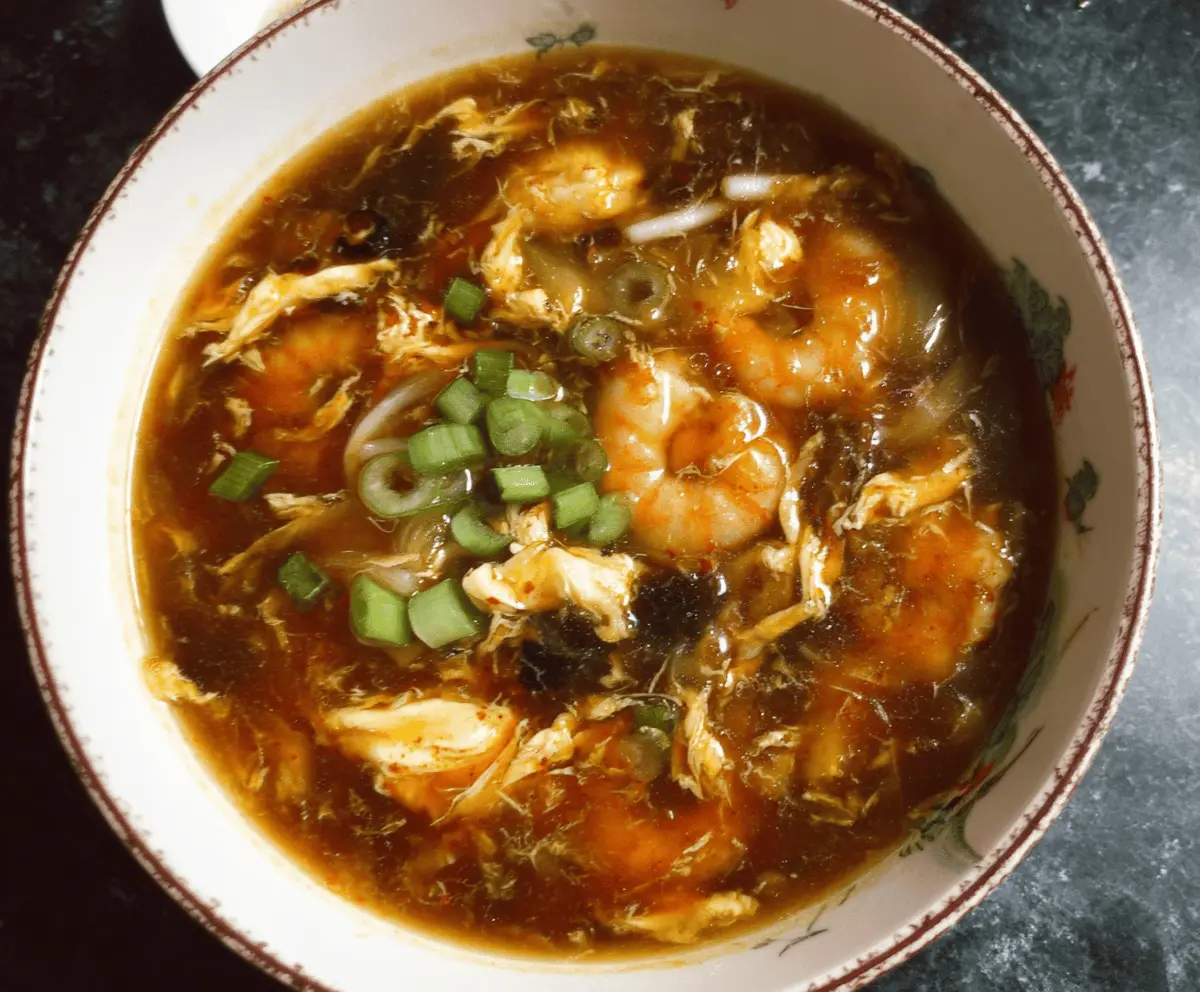 A steaming bowl of Chinese Hot and Sour Soup garnished with chopped green onions and sliced mushrooms, showcasing its savory and tangy ingredients.