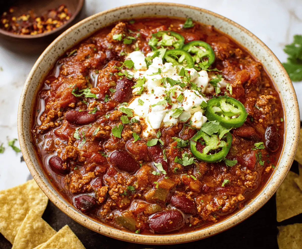 Spicy Chipotle Chili in a bowl topped with fresh herbs and served with crusty bread