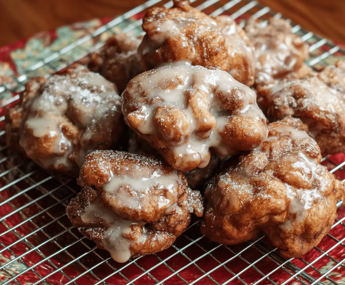 Golden cinnamon apple fritters topped with powdered sugar, showcasing a crispy exterior and tender apple filling, perfect for a delicious dessert or snack.