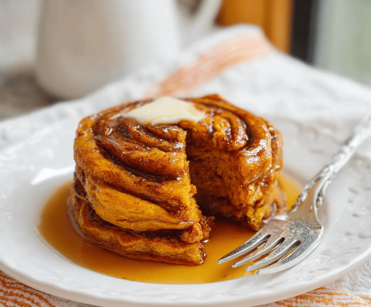 Fluffy Cinnamon Swirl Pumpkin Pancakes topped with whipped cream and a sprinkle of cinnamon, served on a plate with maple syrup