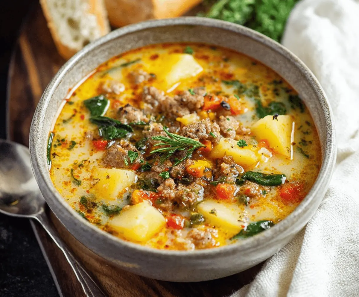 A steaming bowl of Cozy Italian Sausage and Potato Soup garnished with fresh herbs, featuring chunks of sausage, tender potatoes, and creamy broth in a rustic bowl.