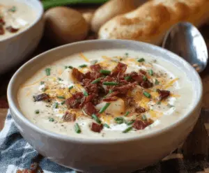 Creamy Bacon Potato Soup in a bowl topped with crispy bacon, fresh herbs, and shredded cheese, served with crusty bread on a rustic wooden table.