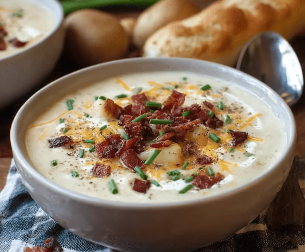 Creamy Bacon Potato Soup in a bowl topped with crispy bacon, fresh herbs, and shredded cheese, served with crusty bread on a rustic wooden table.