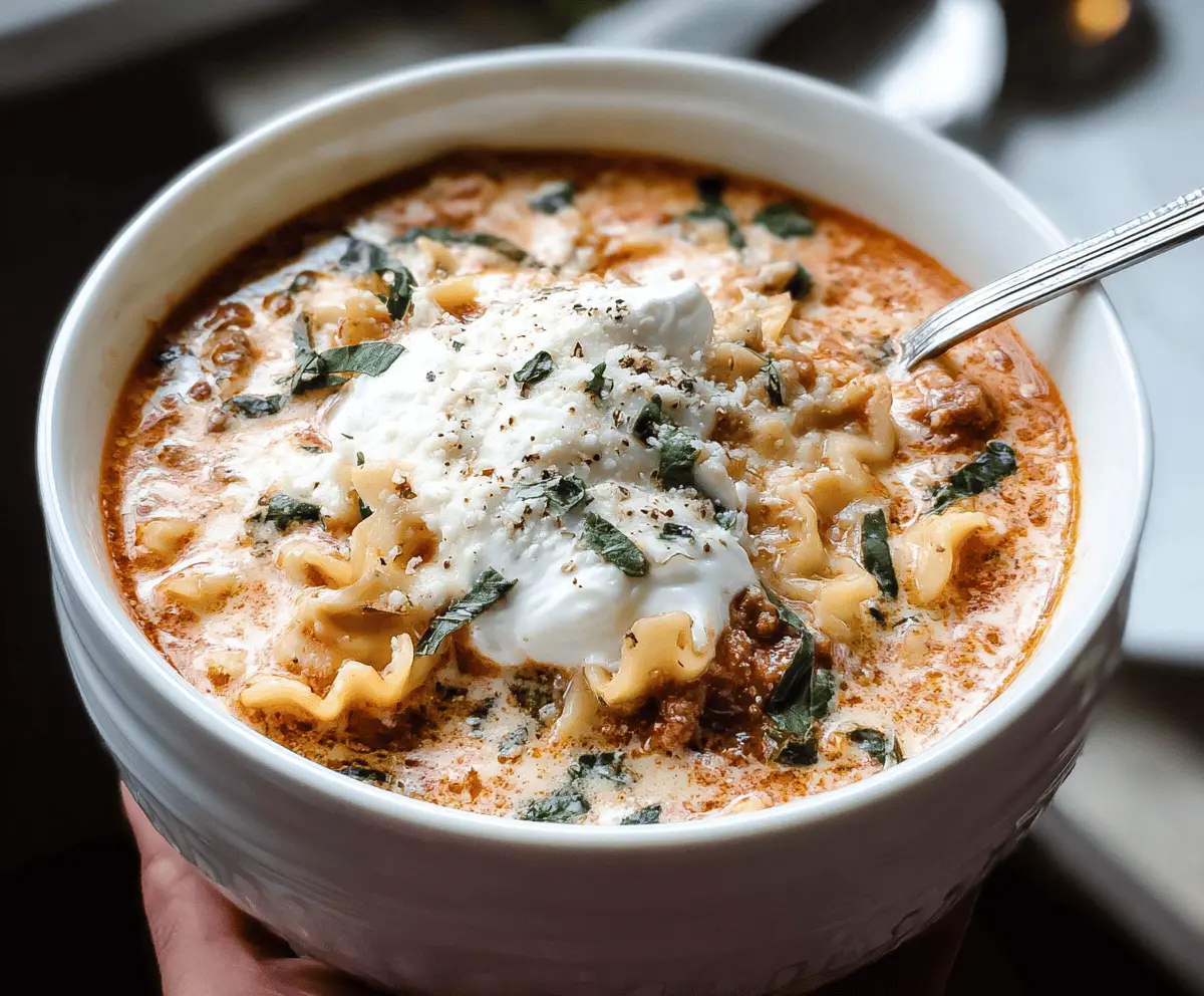Creamy Instant Pot Lasagna Soup in a bowl with melted cheese, fresh basil, and pasta, ready to serve