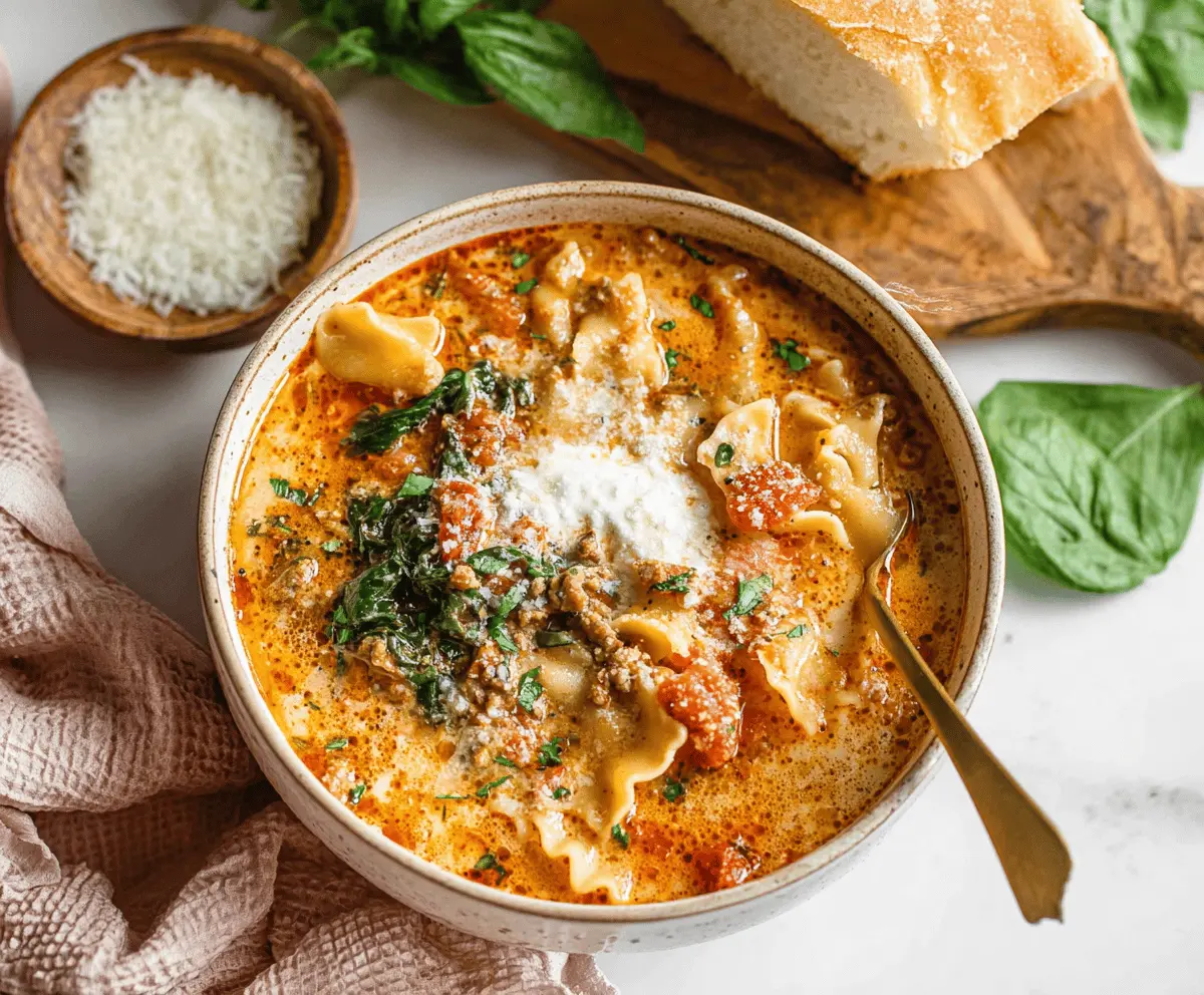 Creamy Lasagna Soup served in a bowl with melted cheese, fresh herbs, and pasta, ready to enjoy