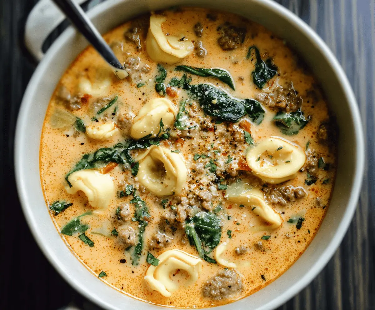 Creamy sausage tortellini soup in a bowl with melted cheese, fresh herbs, and vegetables, served hot