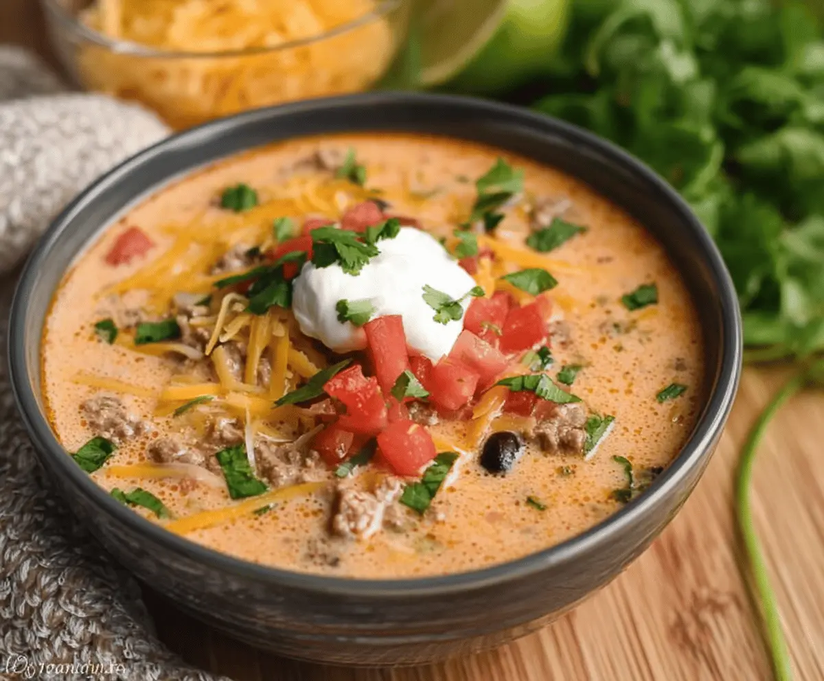 Creamy Taco Soup in a bowl topped with shredded cheese, fresh cilantro, and diced tomatoes, served with tortilla chips on the side.