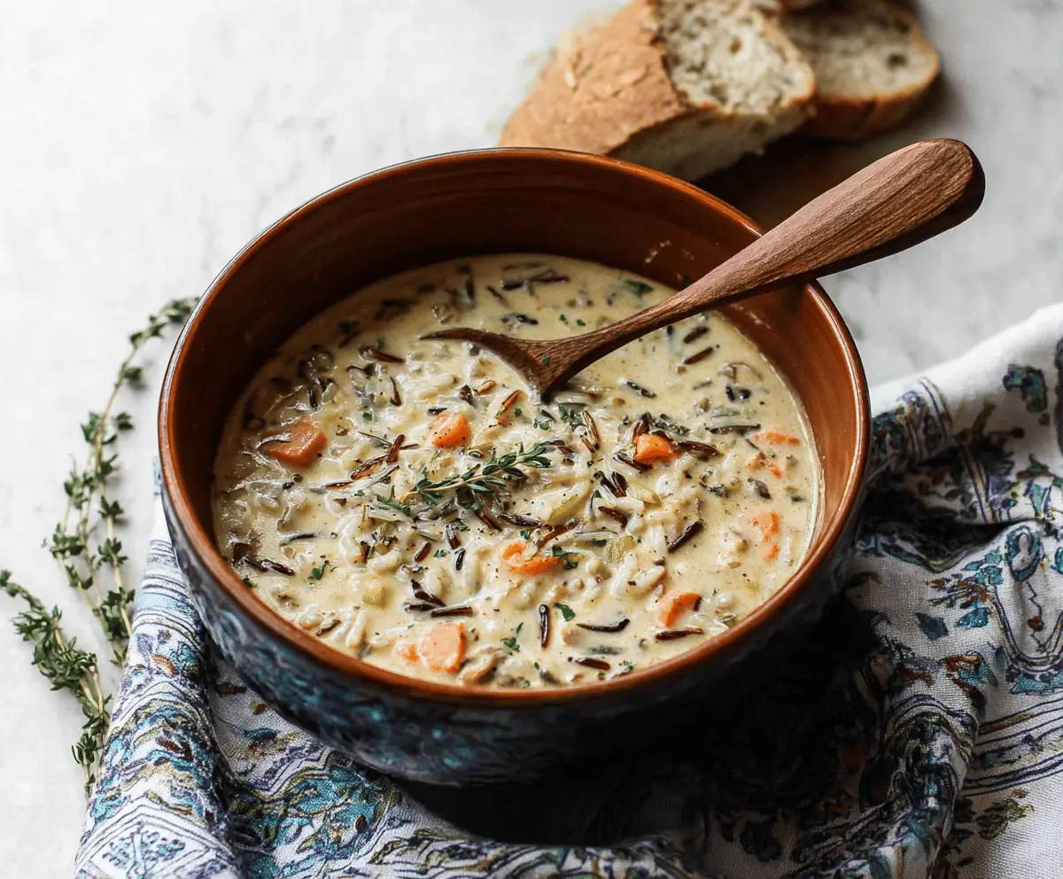 A steaming bowl of creamy wild rice soup garnished with fresh herbs, showcasing a rich and hearty texture perfect for a comforting meal.