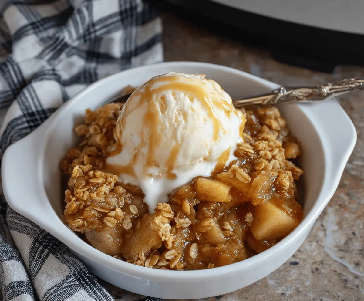 Delicious homemade Crockpot Apple Crisp topped with golden brown crumble served in a rustic dish