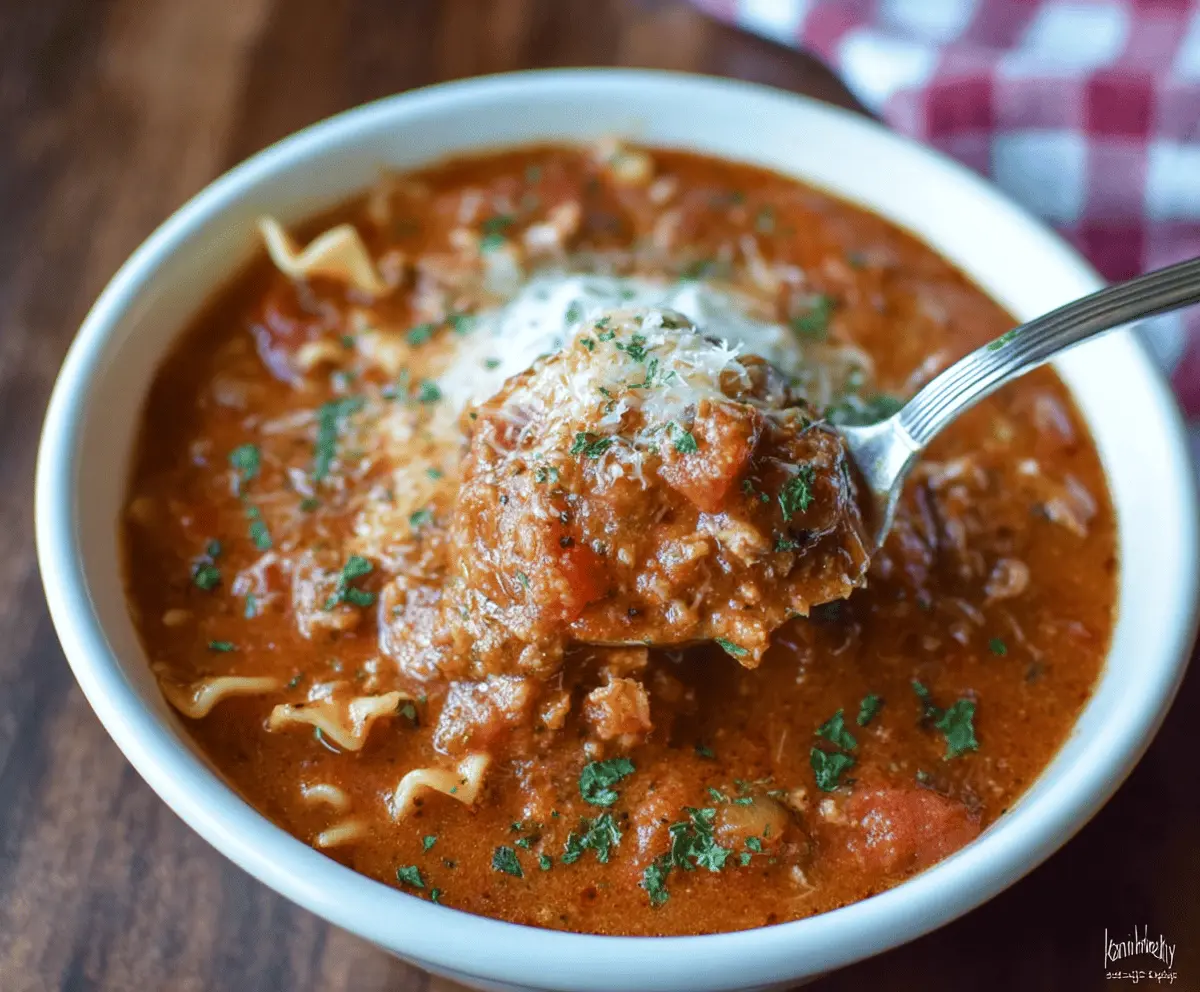 Hearty Crockpot gluten-free lasagna soup with layers of ricotta cheese, melted mozzarella, and fresh herbs in a savory tomato broth served in a bowl