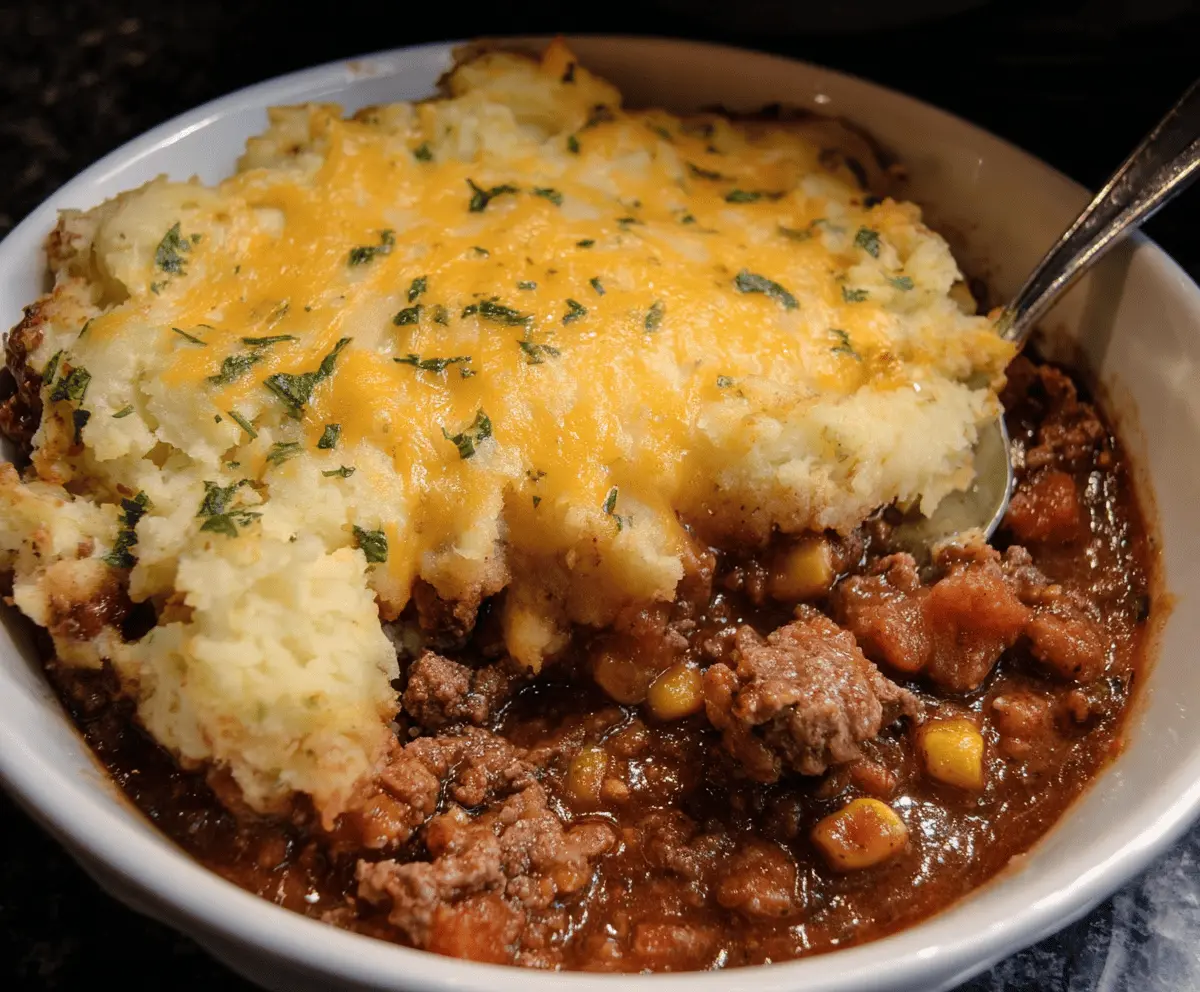 Delicious homemade Crockpot Shepherd’s Pie topped with golden mashed potatoes and savory ground meat, ready to serve.