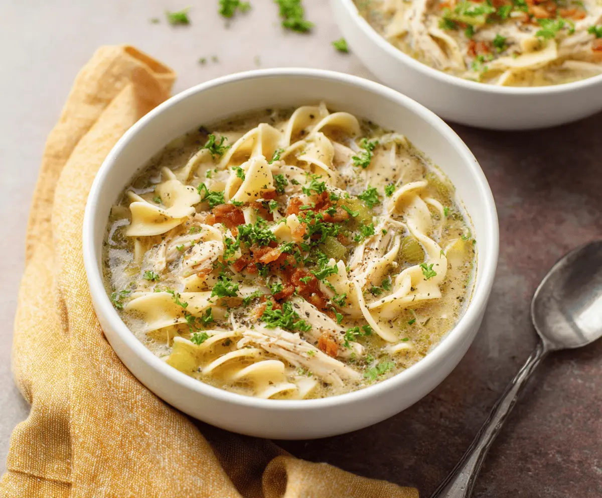 A steaming bowl of dairy-free chicken noodle soup featuring shredded chicken, vegetables, and egg noodles in a clear broth, suitable for dairy-free diets.
