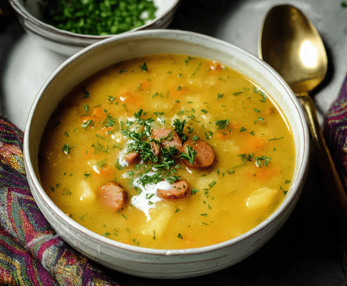 Creamy German Potato Soup garnished with fresh herbs in a rustic bowl, served with crusty bread on a wooden table.
