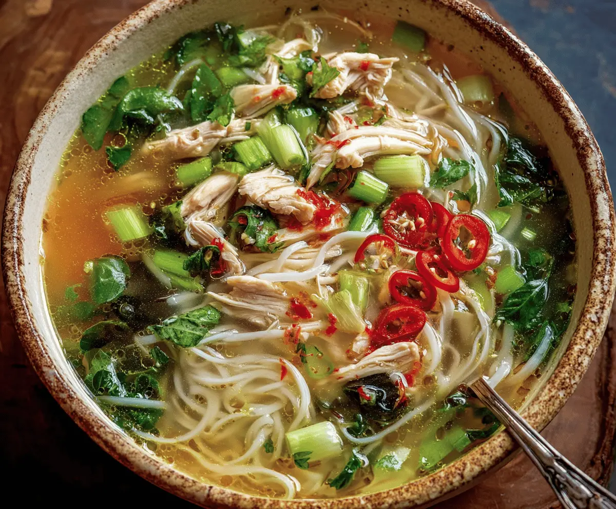 A steaming bowl of ginger garlic chicken noodle soup garnished with fresh herbs and sliced vegetables, served in a white bowl on a wooden table.