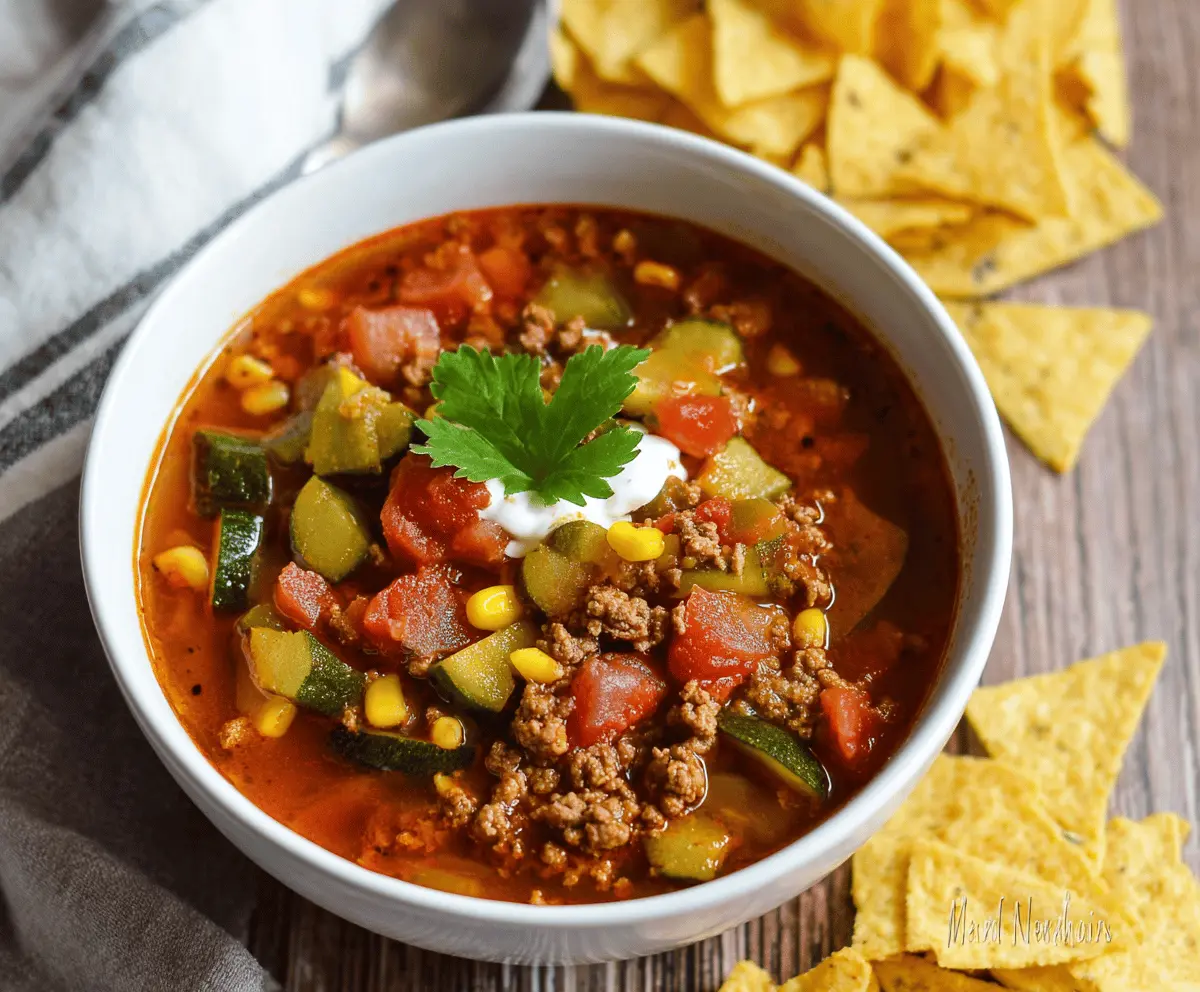 Delicious gluten-free taco soup with ground beef, beans, corn, tomatoes, and flavorful spices in a bowl, perfect for a hearty, allergy-friendly meal.