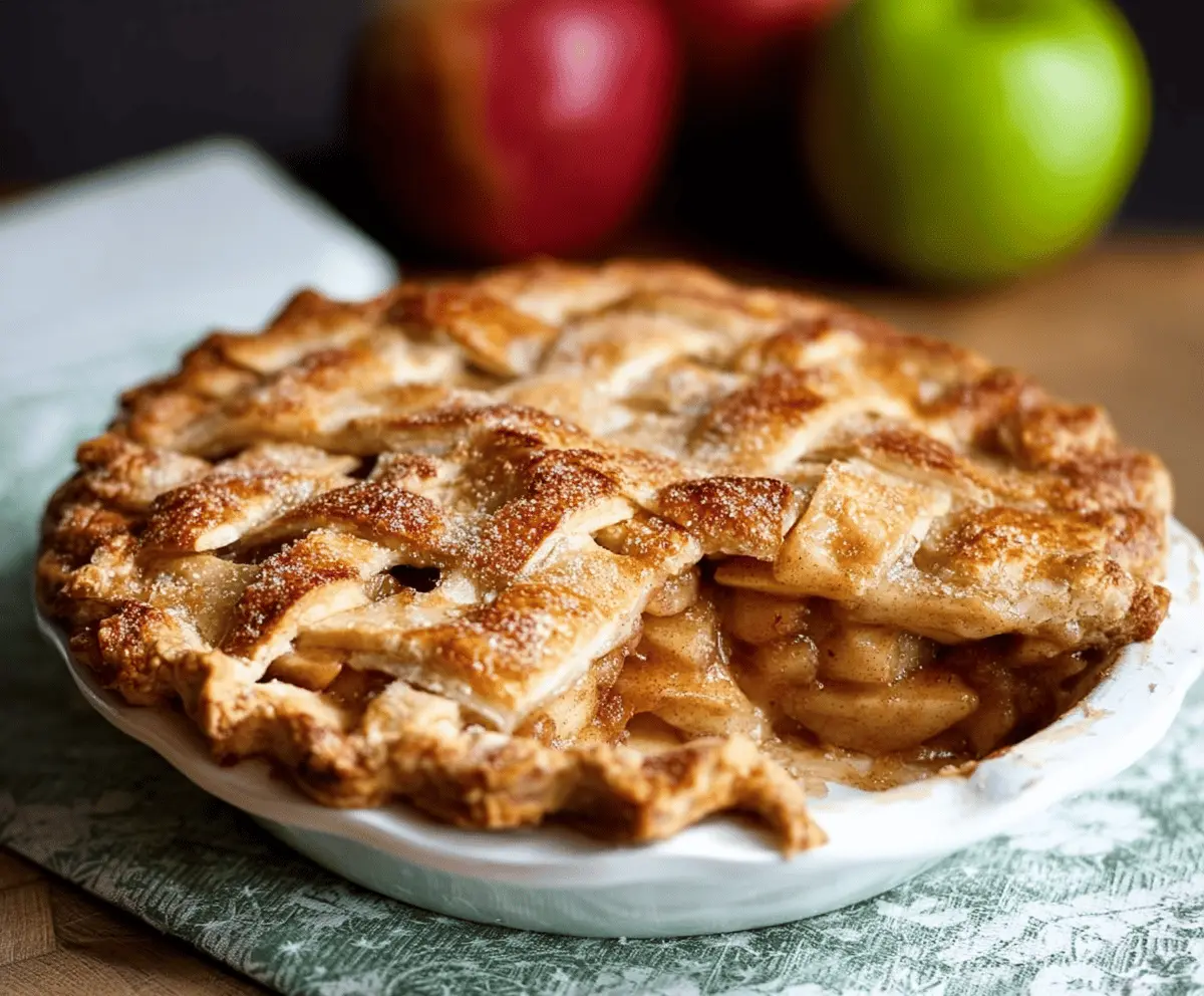 Delicious homemade apple pie with golden flaky crust and freshly sliced apples, ready to serve