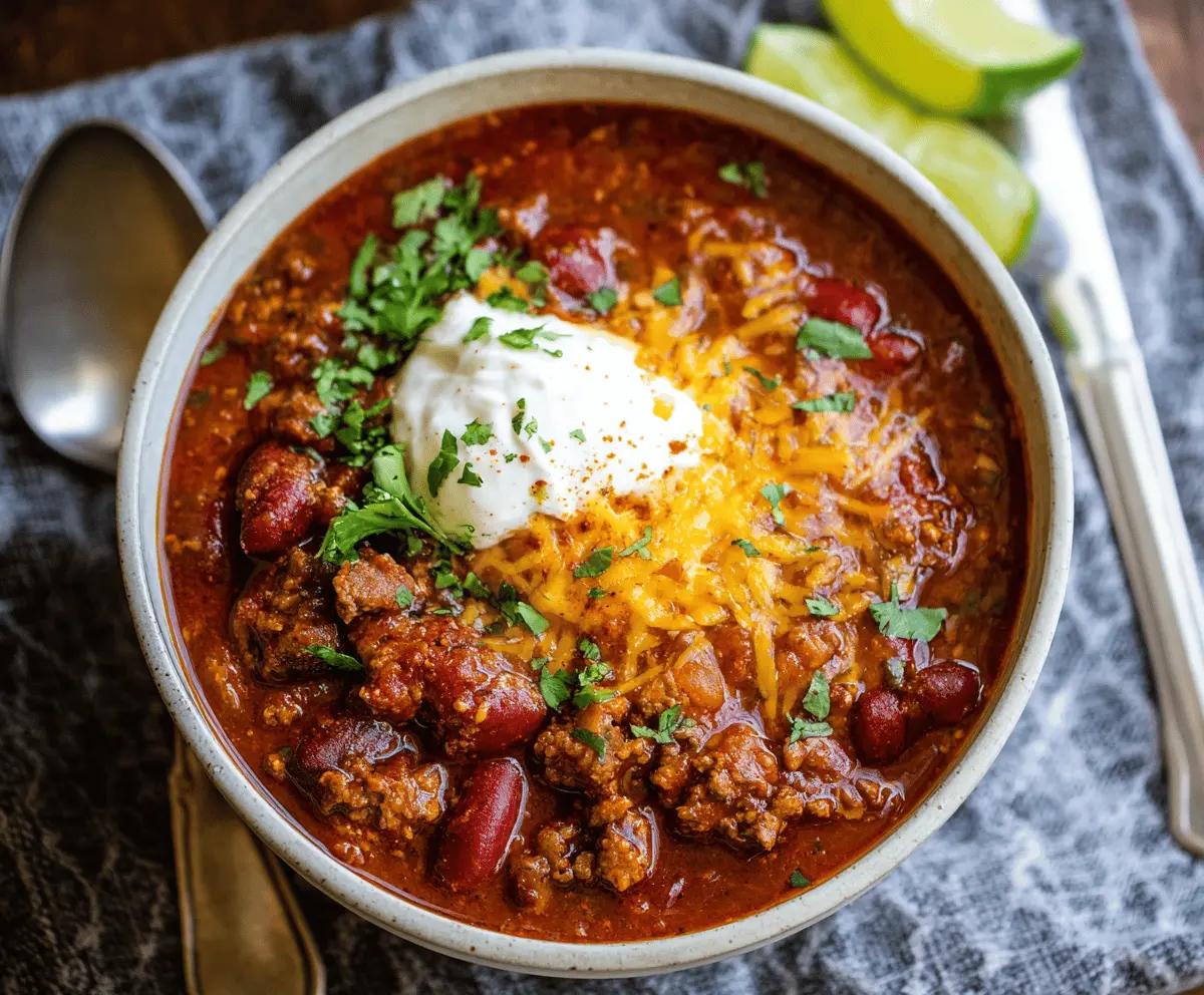 Creamy, hearty Instant Pot Chili in a bowl with beans, ground meat, and spices, ready to serve