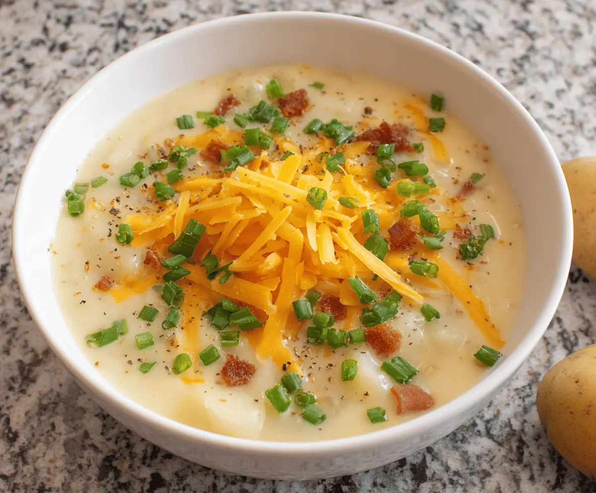 Creamy Instant Pot Potato Soup served in a bowl with chopped herbs and crispy bacon, perfect for a comforting meal